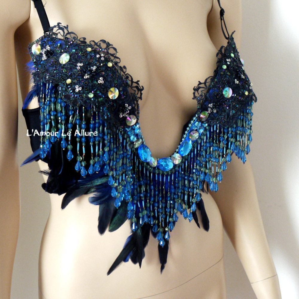 Blue Beaded Feather Fringe Plunge Bra Cosplay